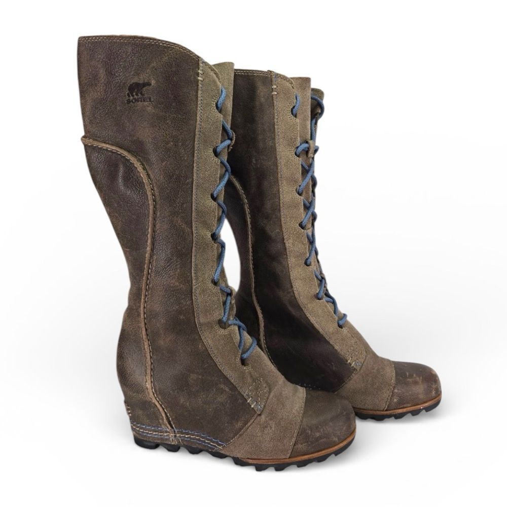 Sorel Cate Greige Lace-Up Knee High Wedge Boots - Picture 7 of 8